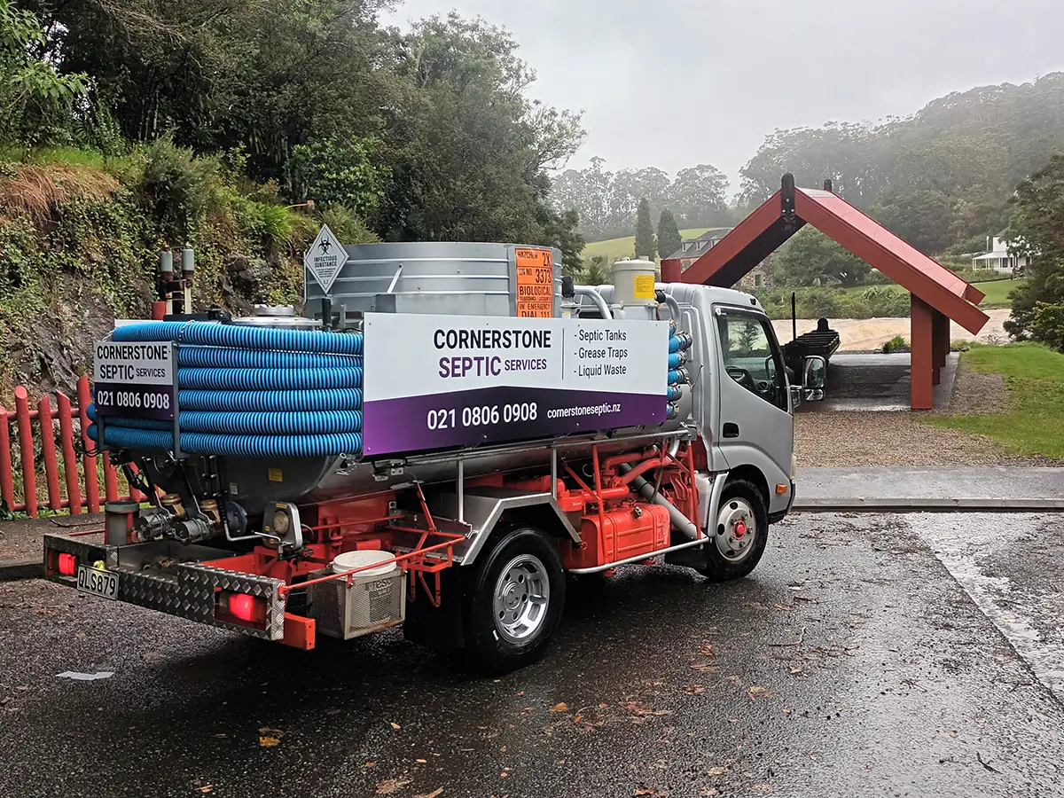 Cornerstone Septic Services truck providing septic tank pumping in Kerikeri Northland