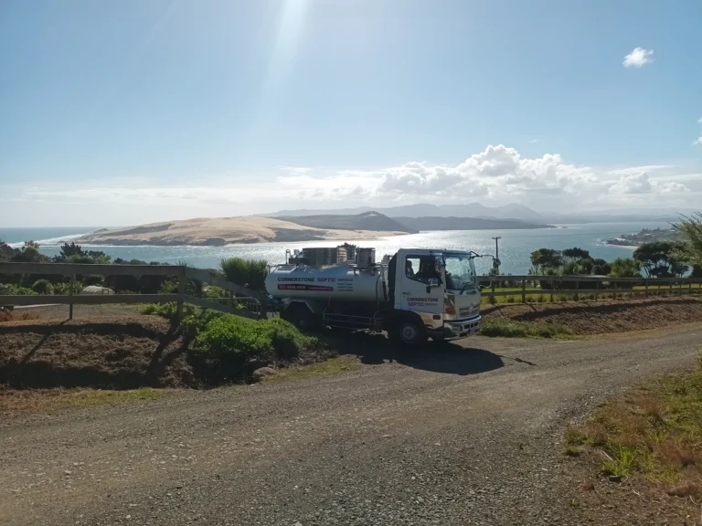 Septic tank service in coastal Omapere Northland by Cornerstone Septic Services truck