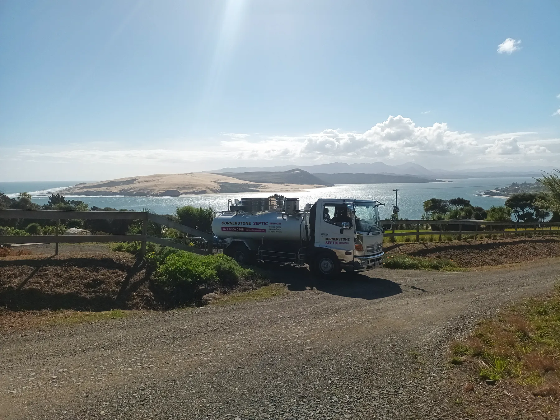 Septic tank service in coastal Omapere Northland by Cornerstone Septic Services truck