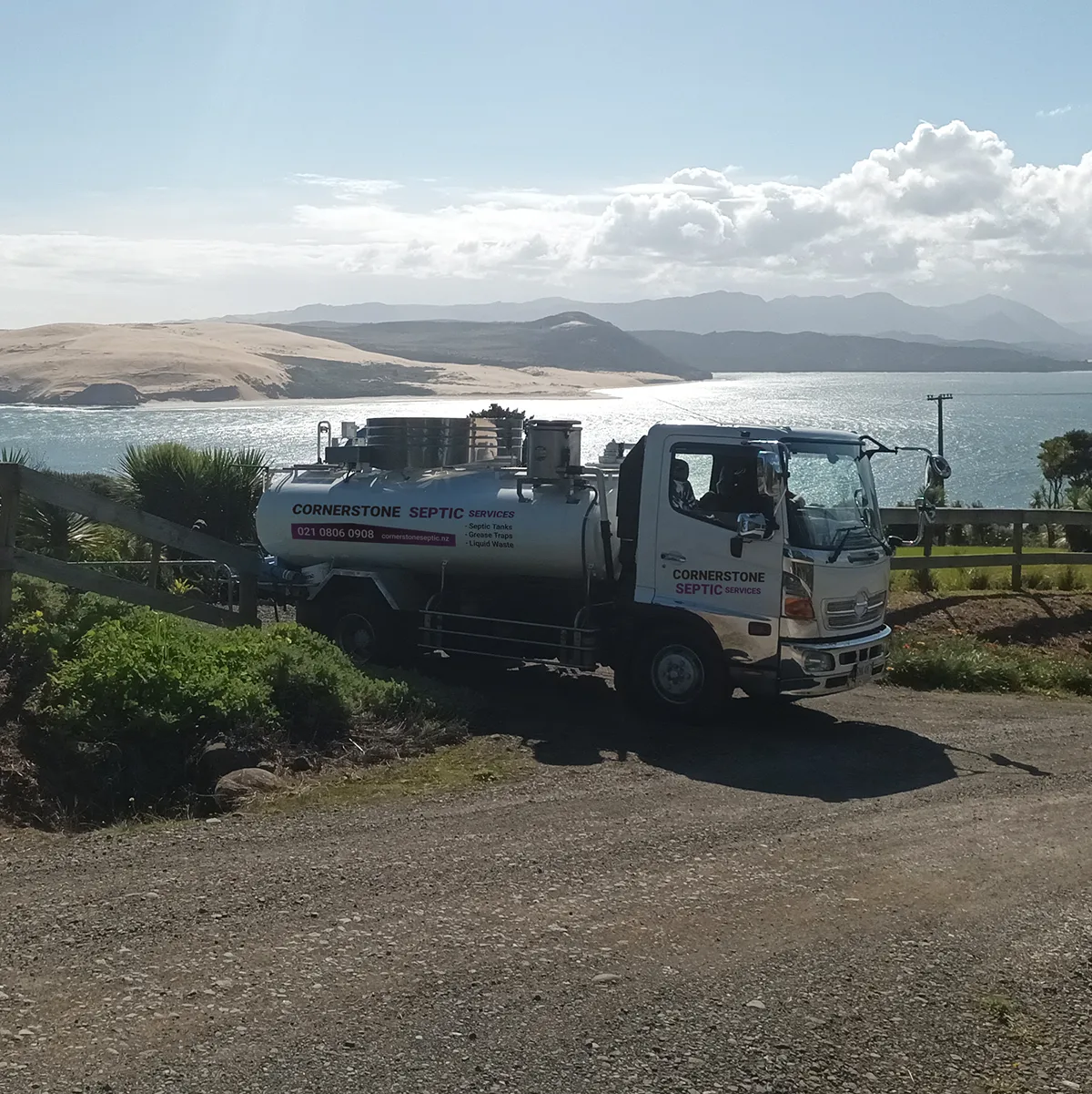 Septic service truck in coastal Northland