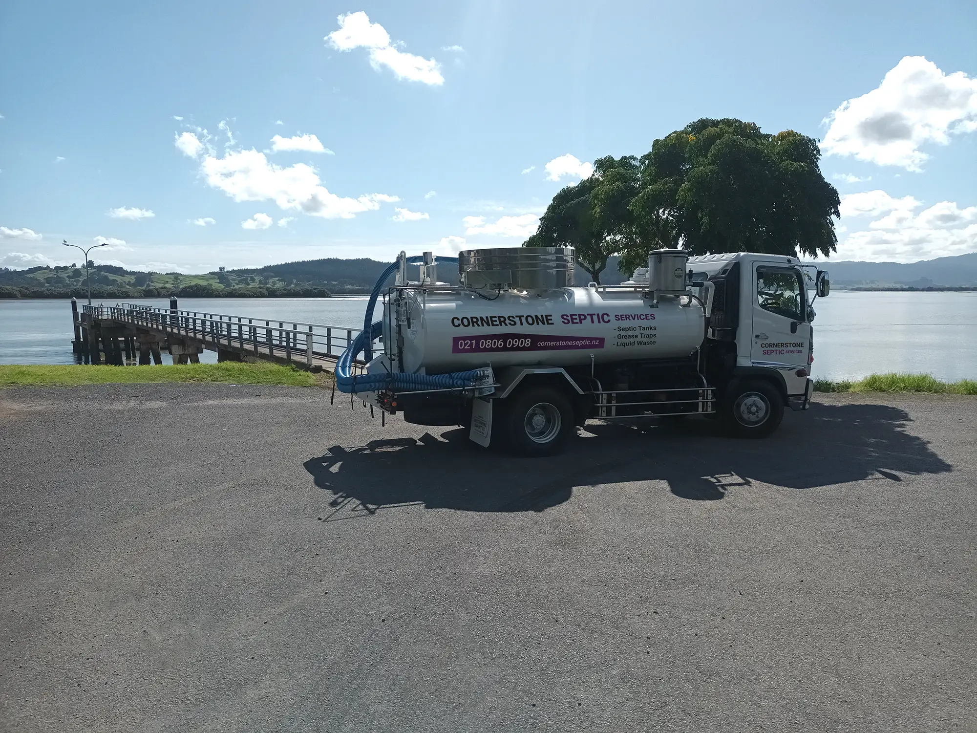 Septic service truck on the Hokianga waterfront
