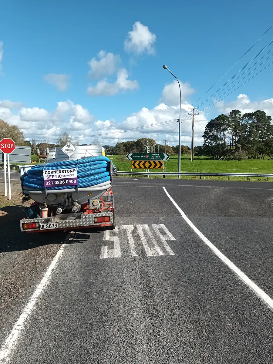 Cornerstone Septic truck parked on SH11 Paihia to Kawakawa