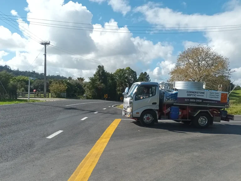 Cornerstone Septic Services truck travelling to a septic tank cleaning job in Kawakawa.