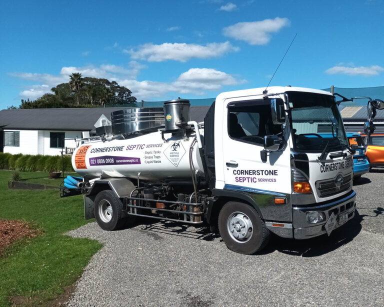 Cornerstone Septic truck at a septic tank service in Kerikeri