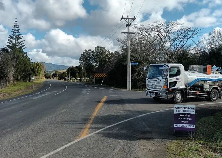 Cornerstone Septic Services truck travelling on Taheke Road
