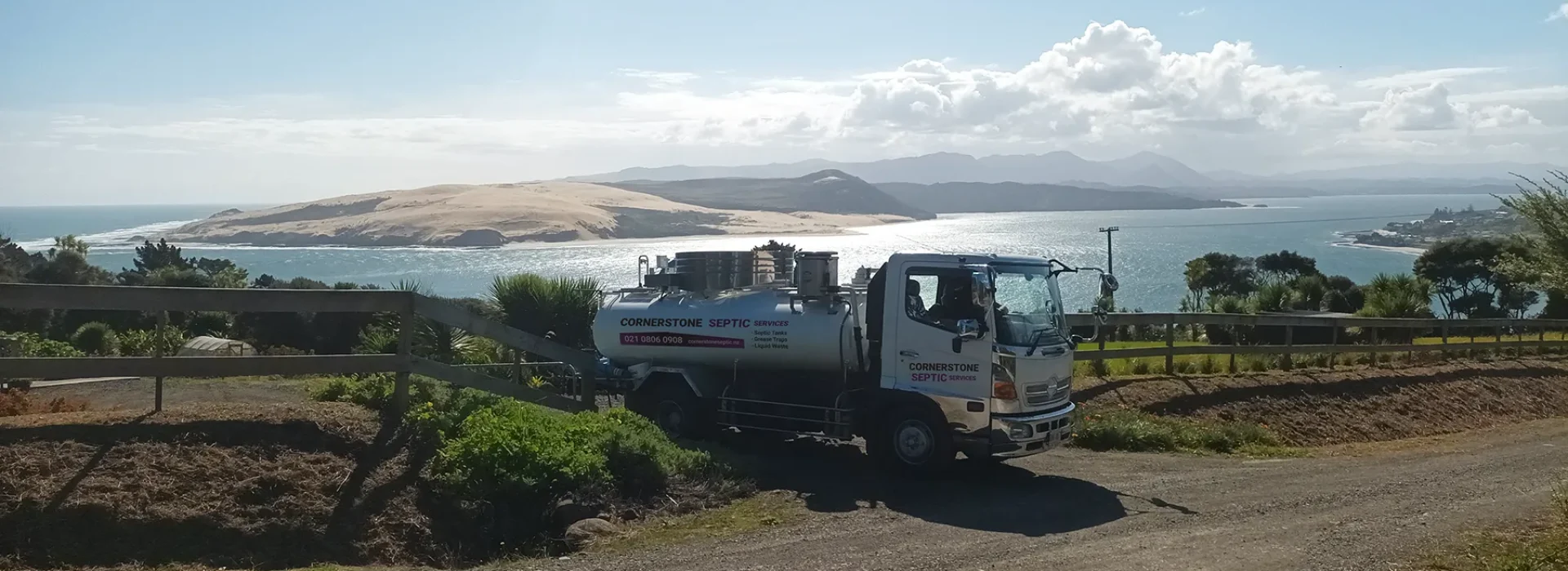 Septic tank service in coastal Omapere Northland by Cornerstone Septic Services truck