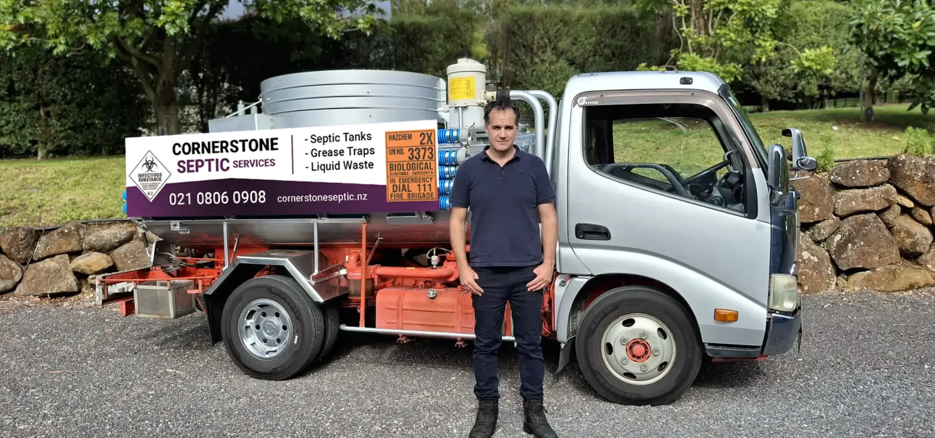 Cornerstone Septic Services truck and technician in Kerikeri servicing the Bay of Islands and Hokianga
