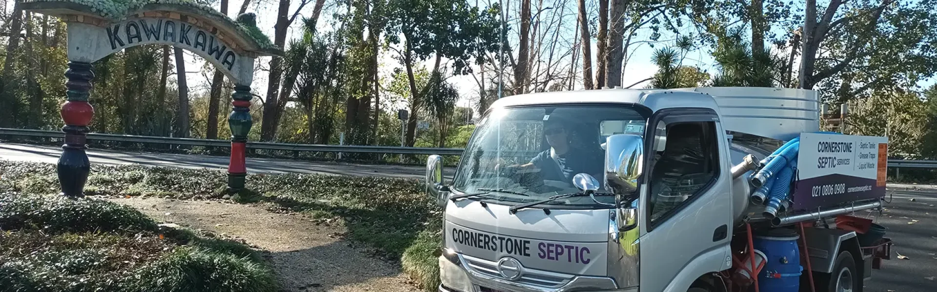 Cornerstone Septic Services truck providing septic tank cleaning in Kawakawa.